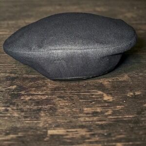 Military Black Beca Wool Blend Beret Hat Size 56 Faux Leather Trim Vintage Style
